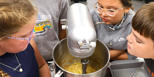 Students looking into a mixing bowl
